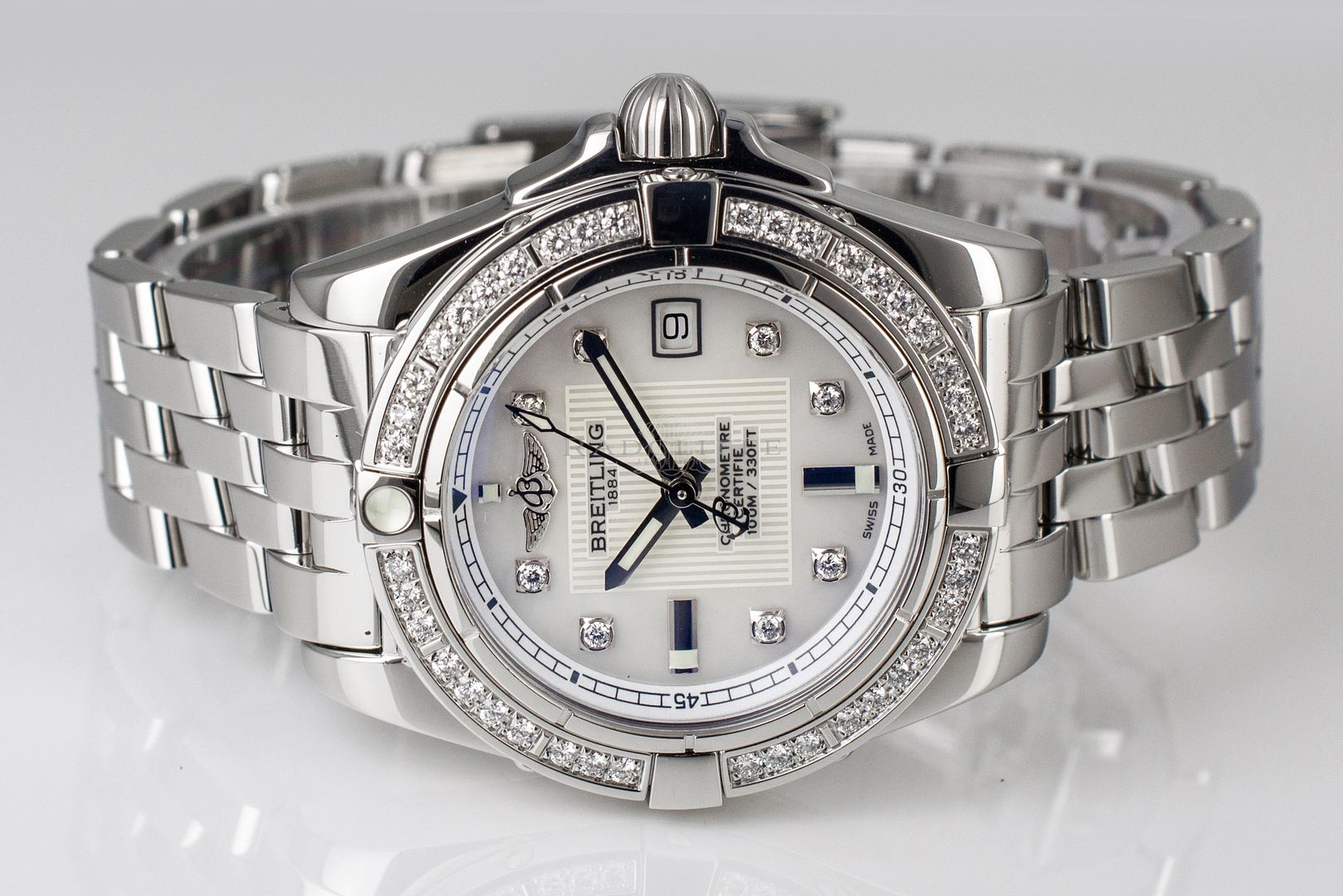 breitling mother of pearl face diamond bezel