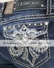 LA IDOL Dark Blue Denim Embellished Boot Cut Jeans 0 15  